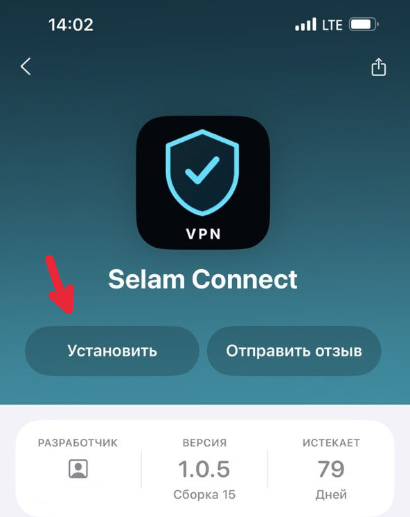 Страница Selam VPN в TestFlight с кнопкой «Установить»